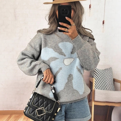 Damen Strickpullover Bunt Blumenmotiv Überschnittene Schultern