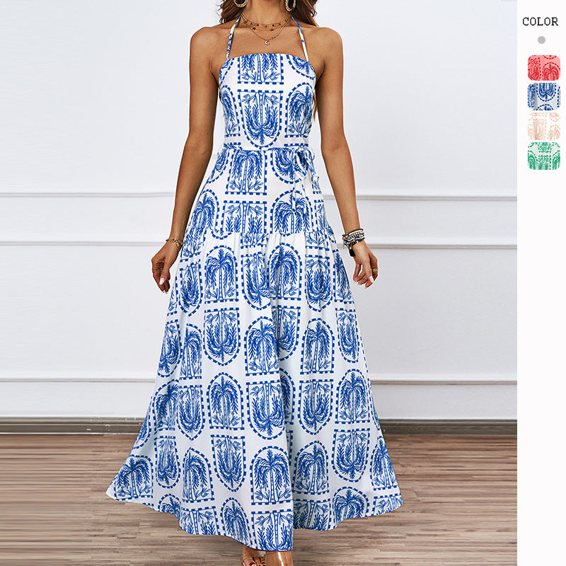 Damen Maxikleid Grafikdruck Verstellbarer Halsausschnitt Schwarz - Eveloria
