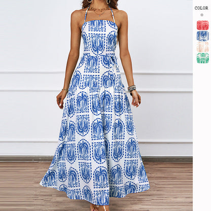 Damen Maxikleid Grafikdruck Verstellbarer Halsausschnitt Schwarz - Eveloria