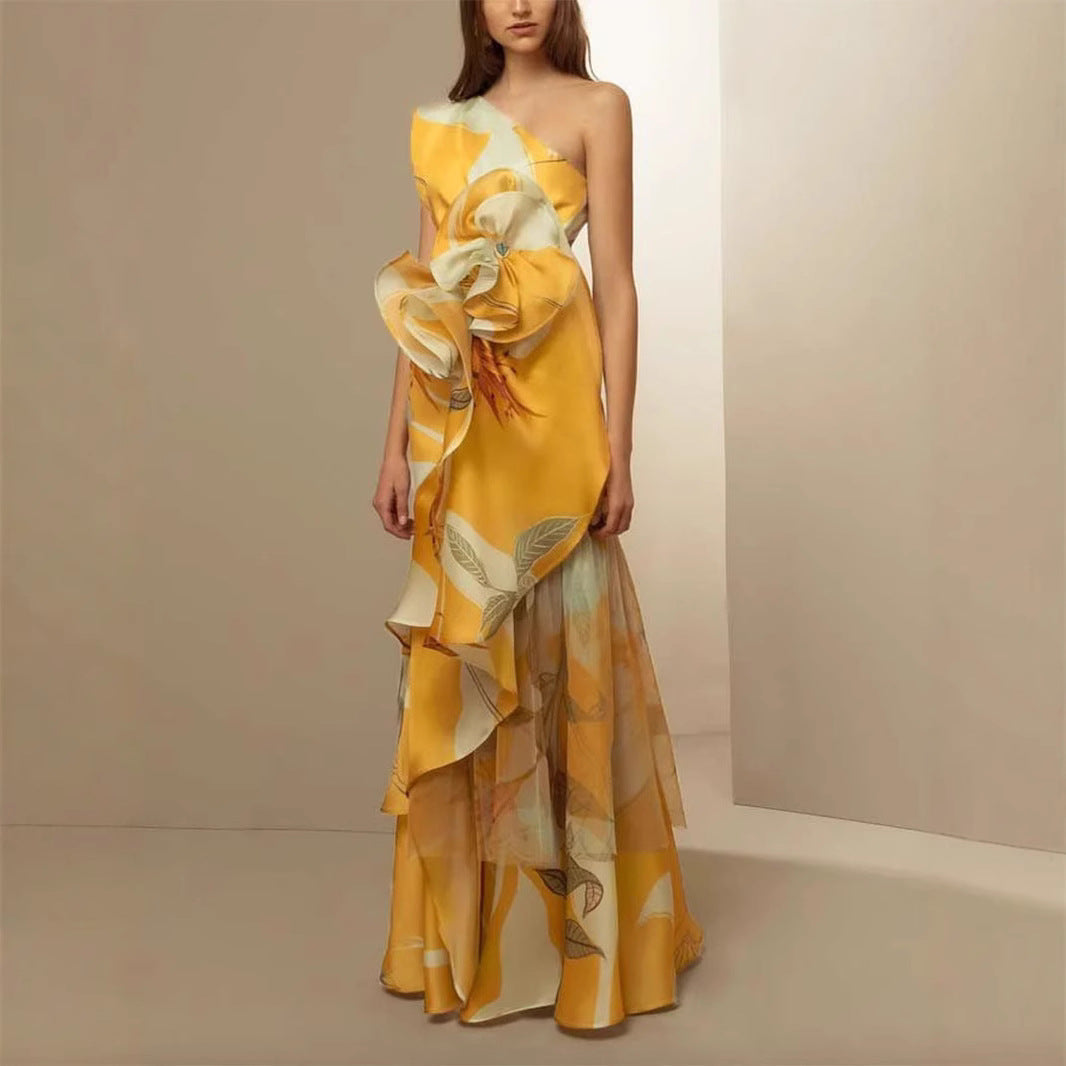 Damen Abendkleid Asymmetrisch Rüschen Eveloria