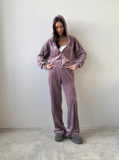 Damen Velours-Anzug Sportlich Elastisch Kapuze Eveloria