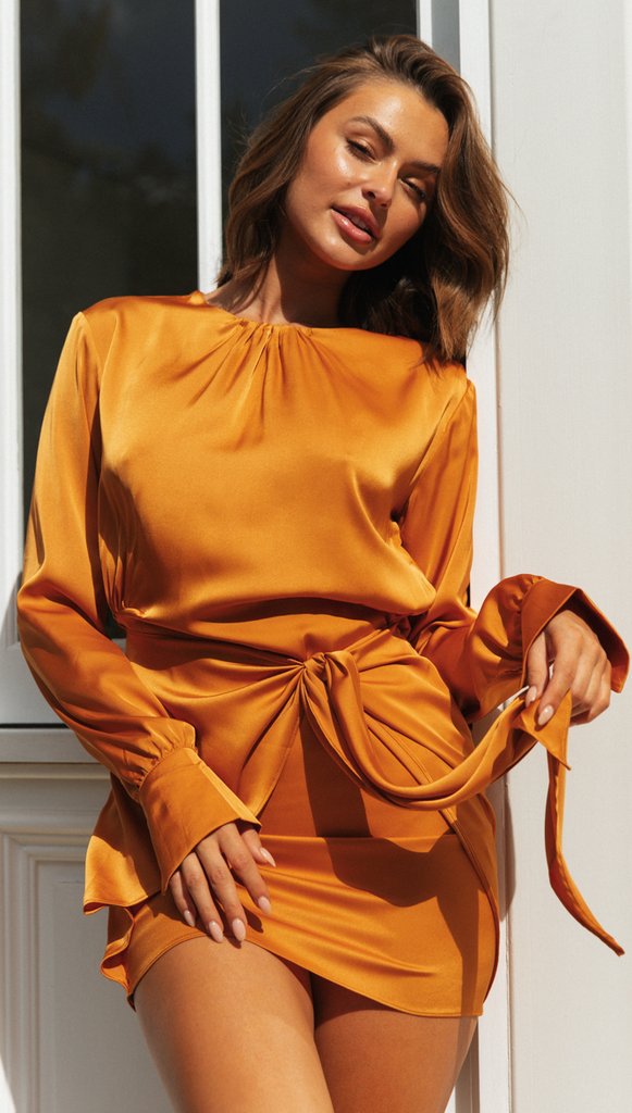 Damen Minikleid Langarm Elegant Taillenknoten