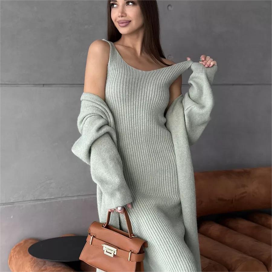 Damen Strickkleid V-Ausschnitt Länges Schnitt - Eveloria
