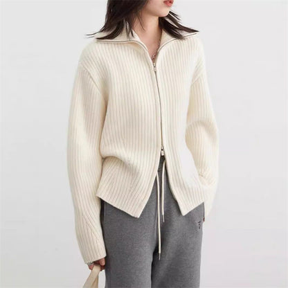 Damen Strickjacke Sportlich Reißverschluss Rippstruktur Eveloria