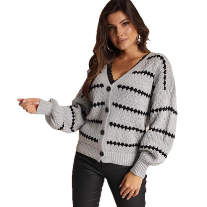 Damen Strickjacke Zickzackmuster Knöpfe Anthrazit