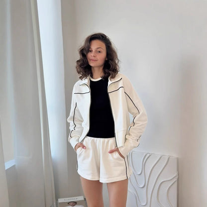 Damen Sportset Baumwolle Cropped Shorts Weiß