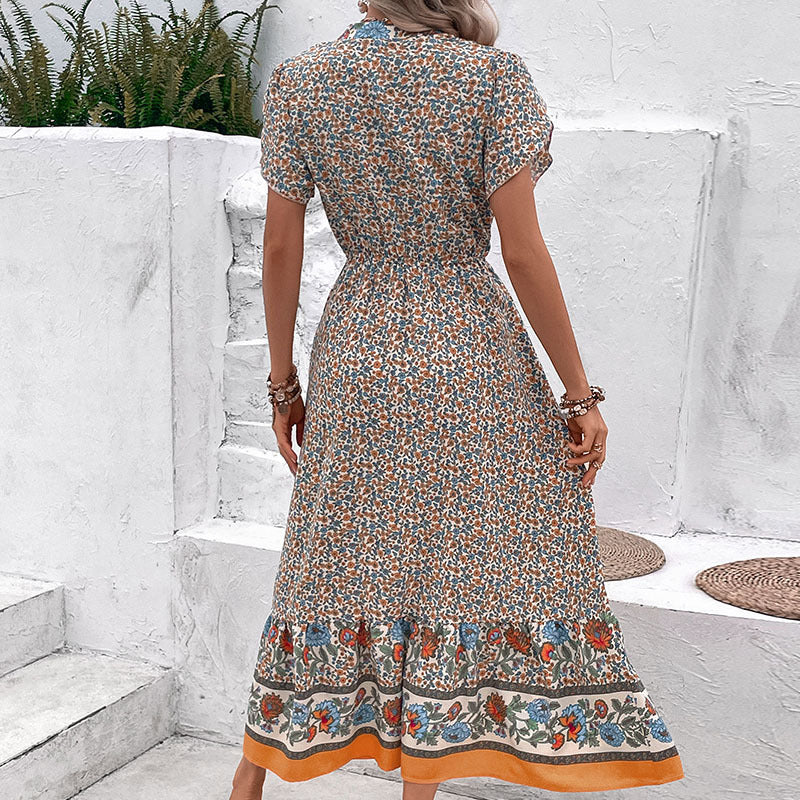 Damen Maxikleid Florale Einsätze Rüschen Elegant