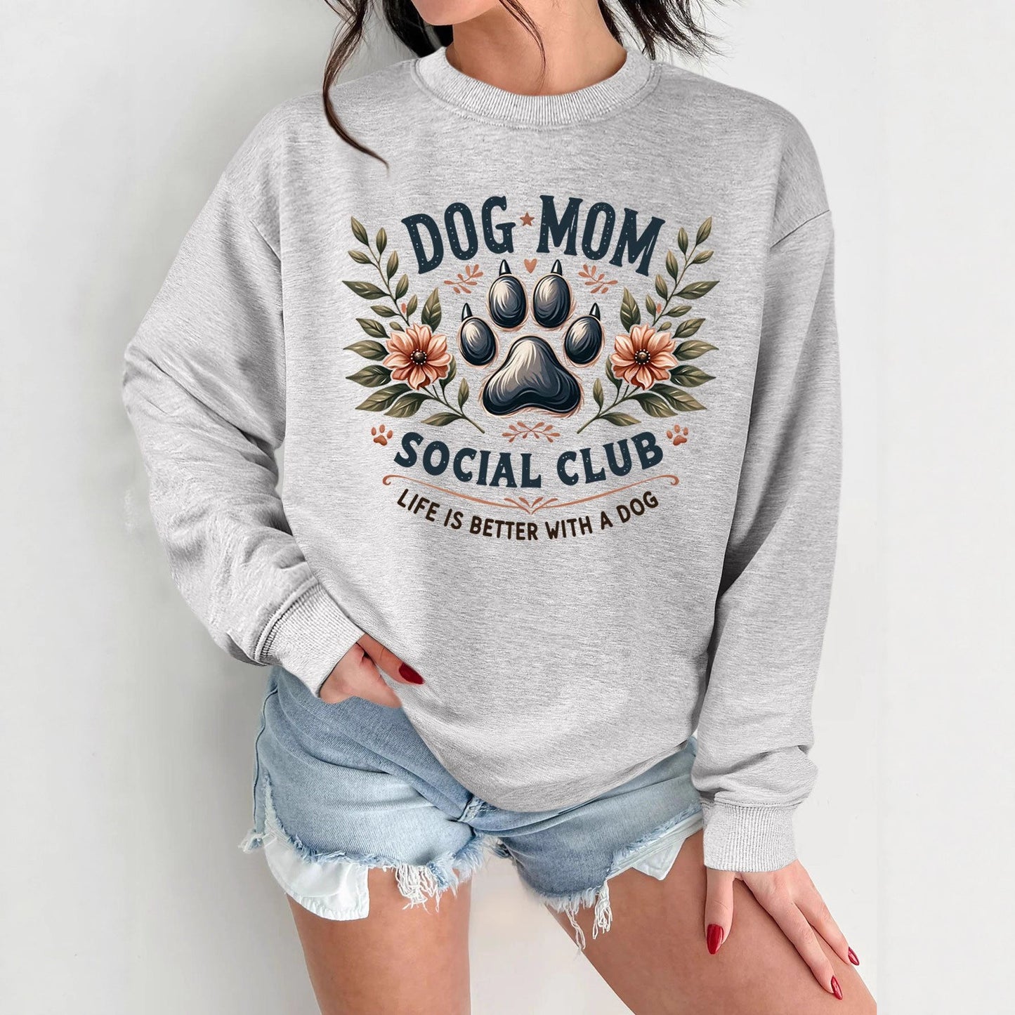 Damen Sweatshirt Hundemotiv Aufdruck Grau