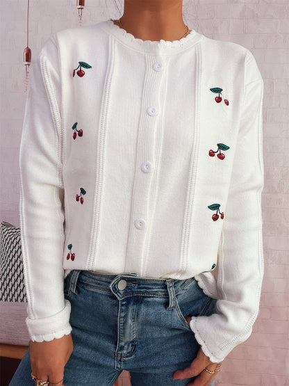 Damen Strickjacke Kirschenmotiv Rüschenkragen