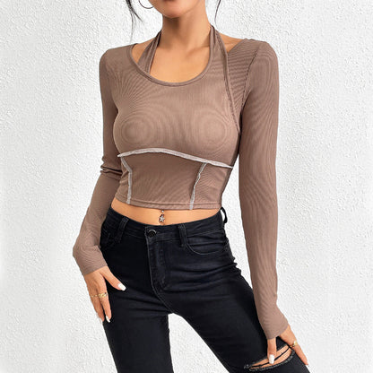 Damen Cropped Langarmshirt Twist-Design Farbakzenten