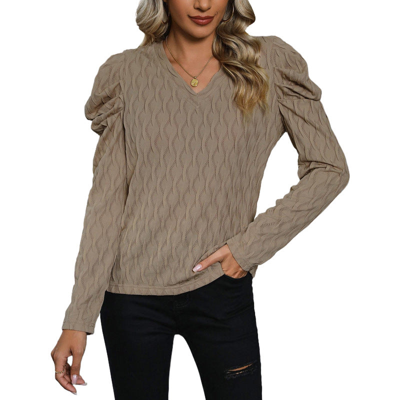 Damen Pullover Strukturiertes Wellenmuster Puffärmel Eveloria