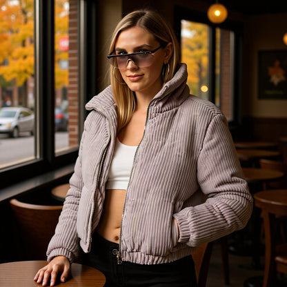 Damen Cordjacke Hochkragen Elastisch Braun - Eveloria