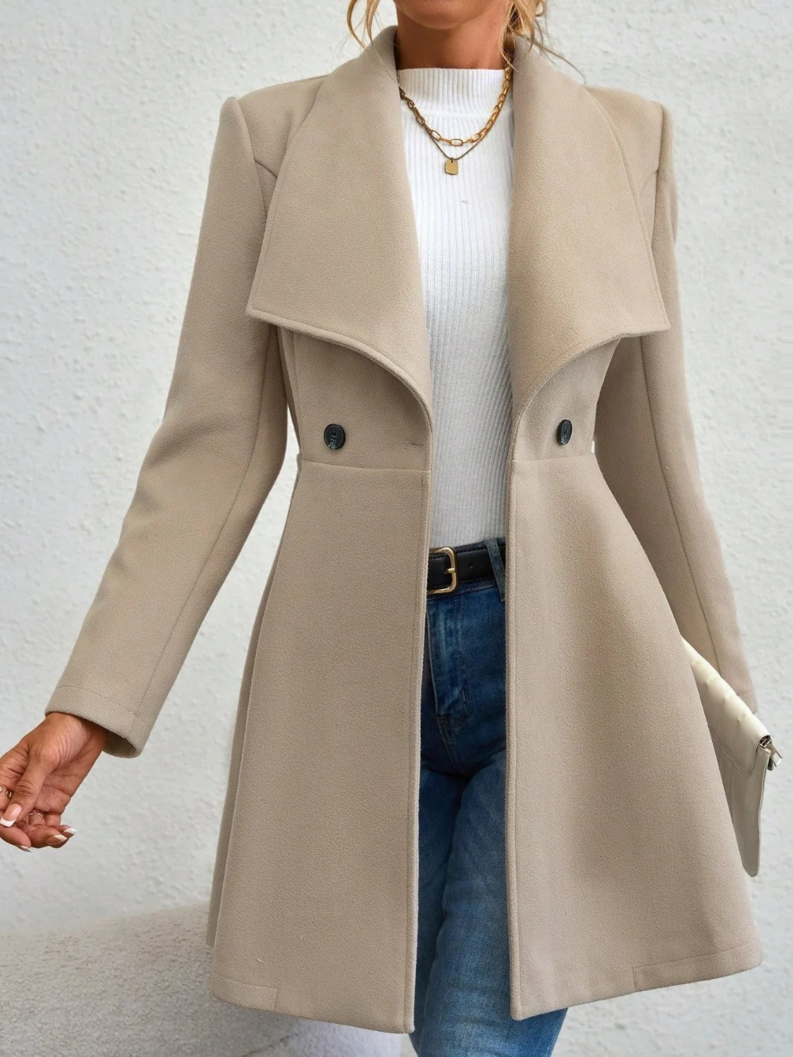 Damen Wollmantel Eleganter Revers Doppelter Knopf Eveloria