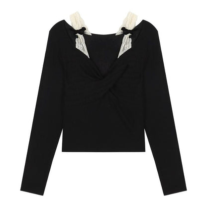 Damen Langarmshirt Spitze Raffung Elegant Weiß