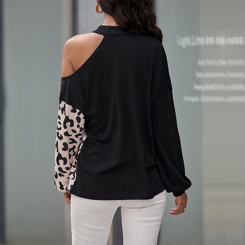 Damen Langarmshirt Leopardenmuster Asymmetrisch