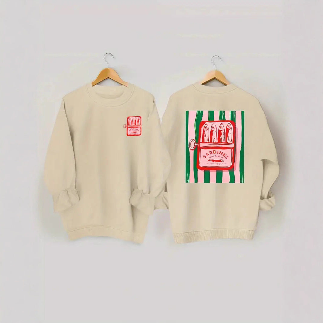 Damen Sweatshirt Sardinen-Grafik Lässig Grau Eveloria