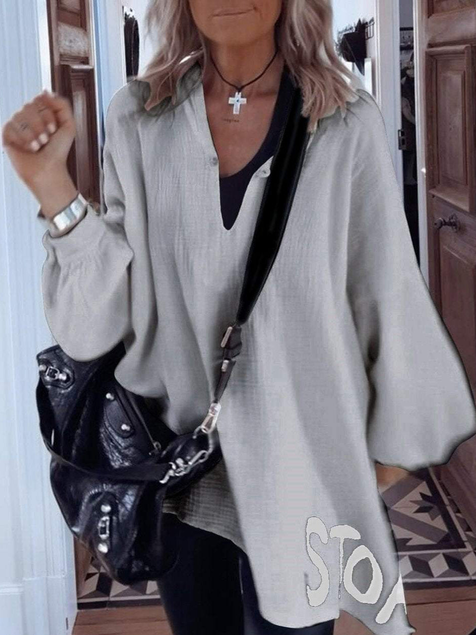 Damen Oversize-Shirt V-Ausschnitt Voluminöse Ärmel Eveloria