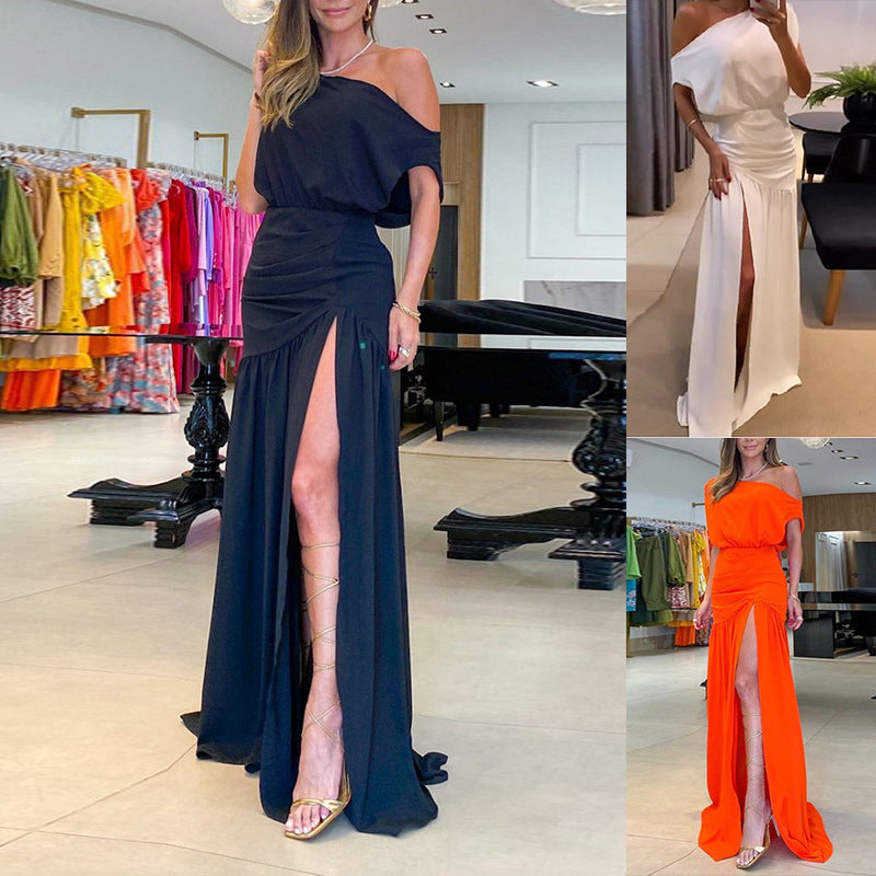 Damen Maxikleid Schulterfrei Fließendes Design Hocher Schlitz