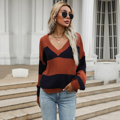 Damen Oversized Strickpullover V-Ausschnitt Blockstreifen