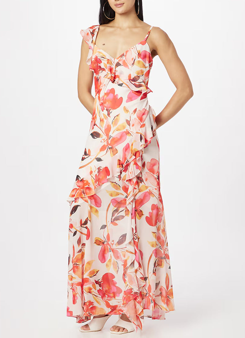 Damen Maxikleid Floral Rüschen Schulterfrei Eveloria