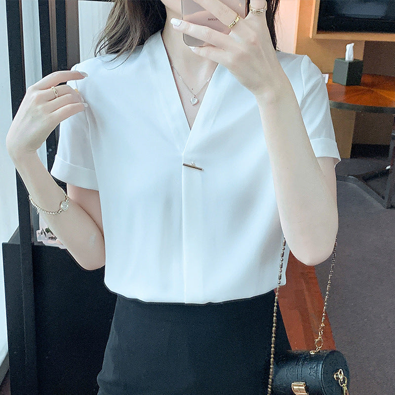 Damen Bluse V-Ausschnitt Knopfdetail Elegante Bluse Weiße Bluse