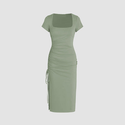 Damen Midi-Kleid Figurbetont mit Seitenschlitz und Raffungsdetails