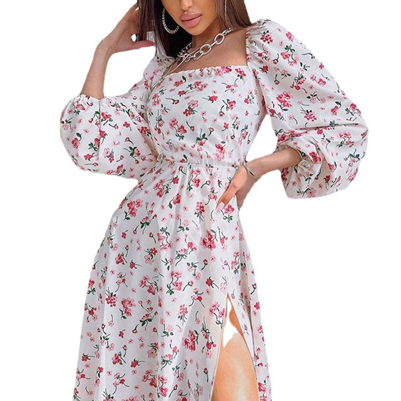 Damen Maxikleid Elastisch Puffärmel Schlitz