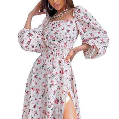 Damen Maxikleid Elastisch Puffärmel Schlitz