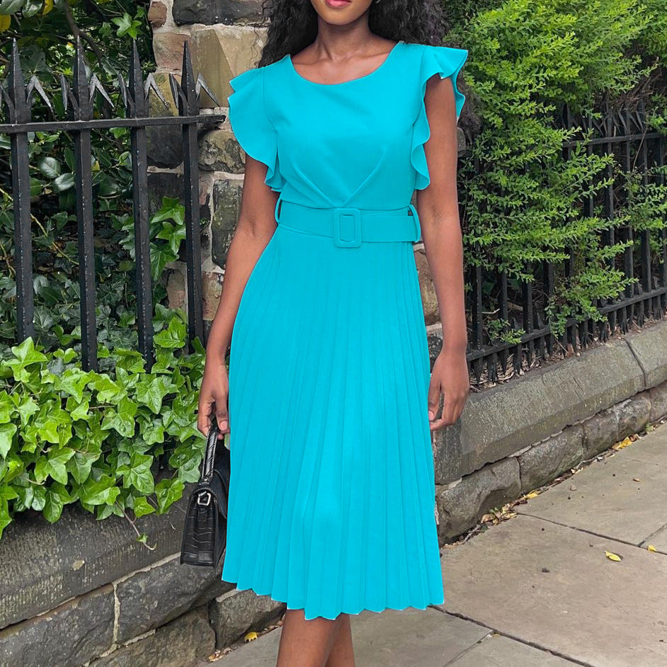 Damen Plissee-Kleid mit Faltenrock und Gürtel Eveloria