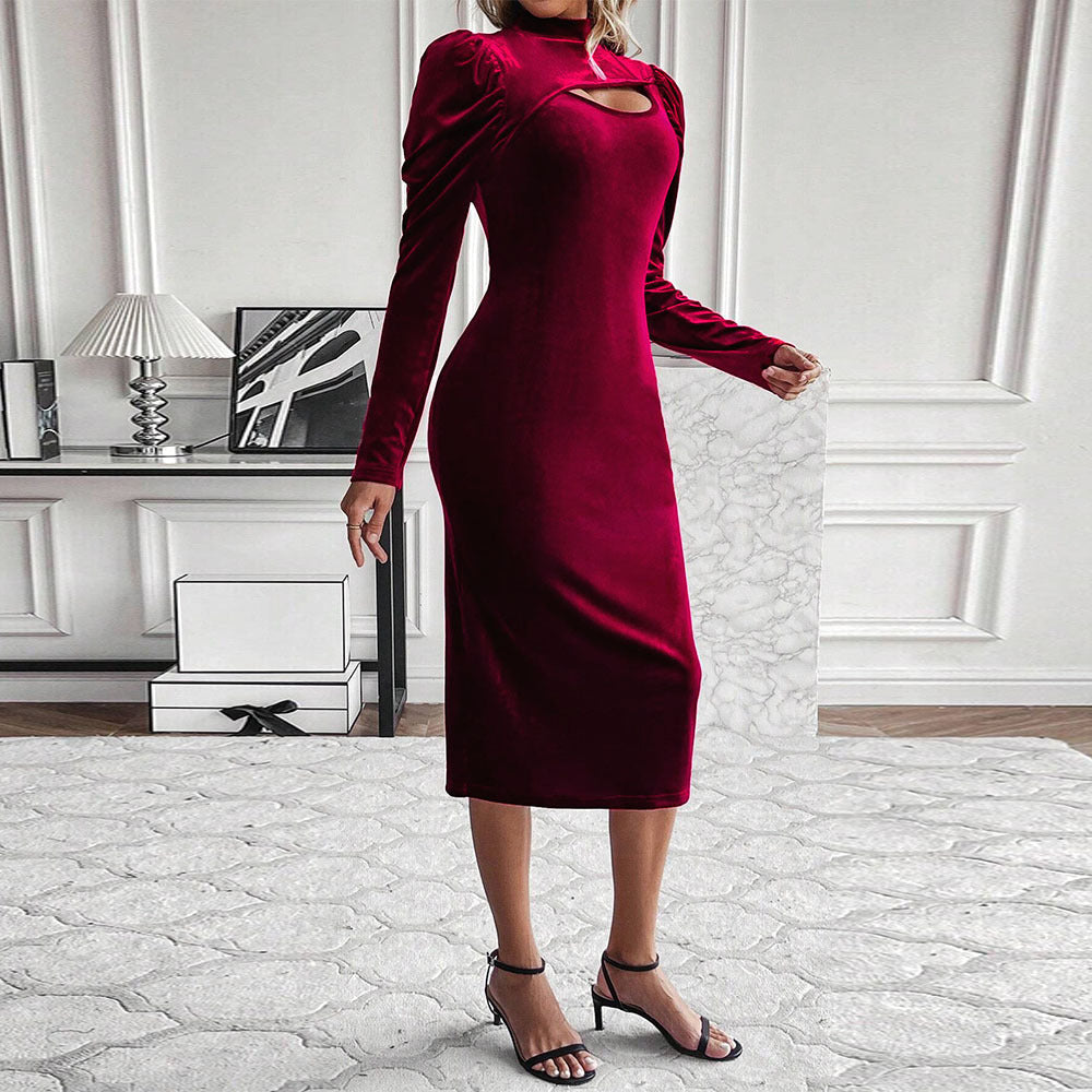 Damen Samt-Kleid Figurbetont Asymmetrischer Ausschnitt