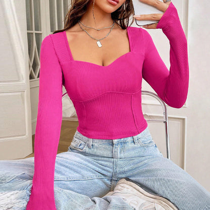 Damen Langarmshirt Rippstruktur Quadratischer Ausschnitt Schwarz - Eveloria
