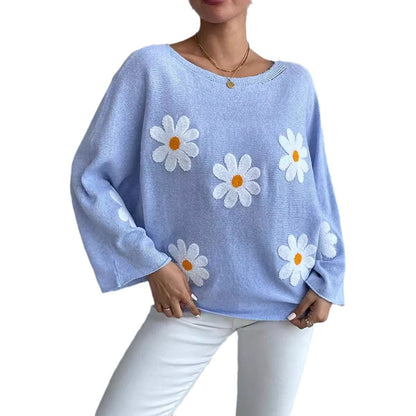 Damen Strickpullover Blumendesign Weit