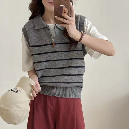 Damen Strickpullover Reißverschluss Streifenmuster Eveloria - Eveloria