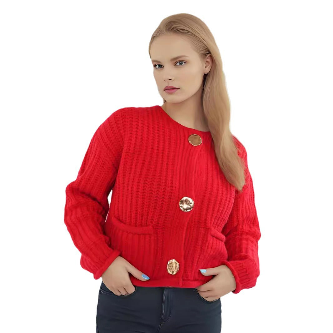 Damen Strickjacke Großknöpfe Aufgesetzte Taschen Kuschelig Braun