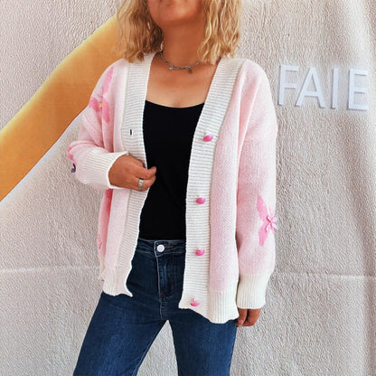 Damen Strickjacke Bunt Schmetterlingsmuster Knopfleiste