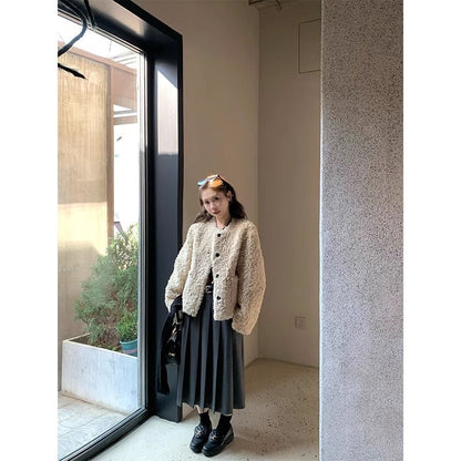 Damen Plüschjacke Kuschelig Knöpfe Beige