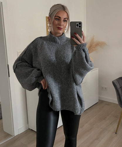 Damen Oversized Strickpullover Hoher Kragen Ballonärmel Eveloria