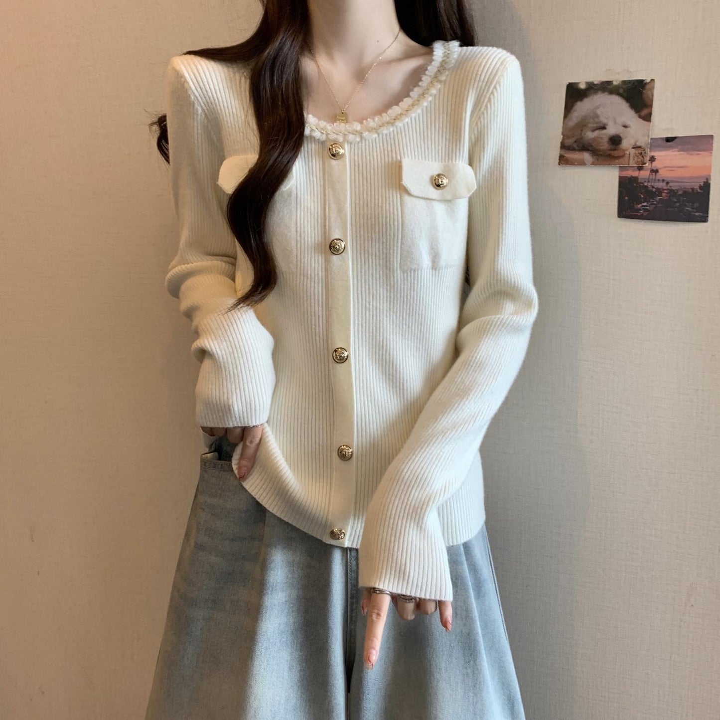 Damen Strickjacke Dekorativer Kragen Eveloria