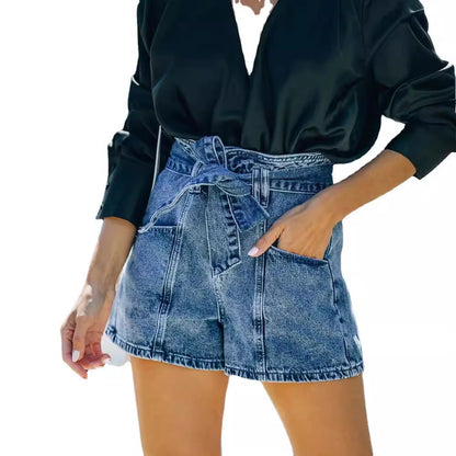 Damen Hochwaist Jeans Shorts abnehmbarer Gürtel Blau