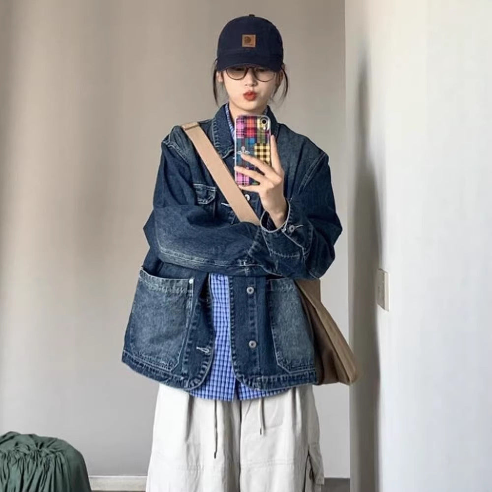 Damen Denim-Jacke Modisch Große Taschen Blau Eveloria