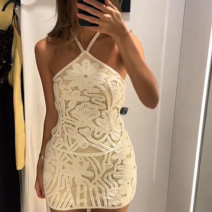 Damen Häkelkleid Blütenmuster Spitze Weiß