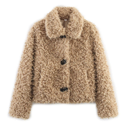 Damen Teddyjacke Kuschelig Knopfverschluss Beige Eveloria