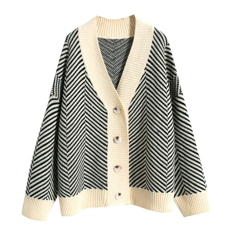 Damen Strickjacke Chevron Muster Knopfverschluss Eveloria