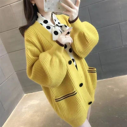 Damen Strickjacke mit Taschen Dekorative Knöpfe Eveloria