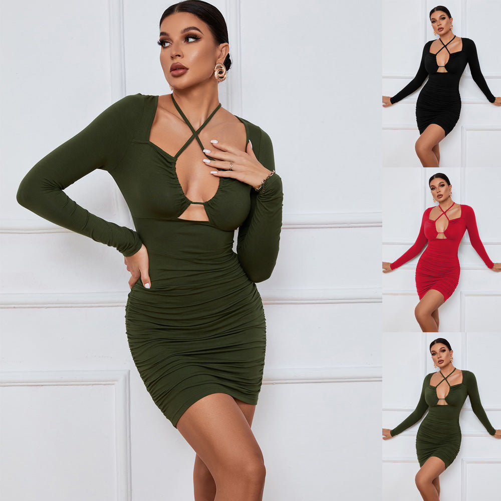 Damen Wickelkleid Figurbetont Dekorative Raffung V-Ausschnitt Schwarz - Eveloria
