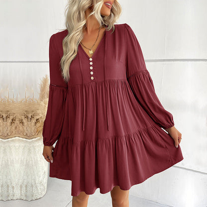 Damen Wickelkleid mit Knöpfen und Volumenärmeln Eveloria