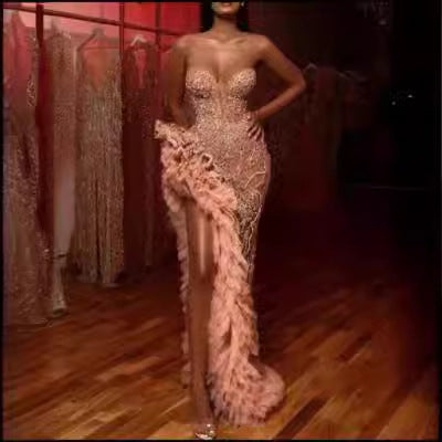 Damen Abendkleid Figurbetont Perlen Rüschendetails Eveloria