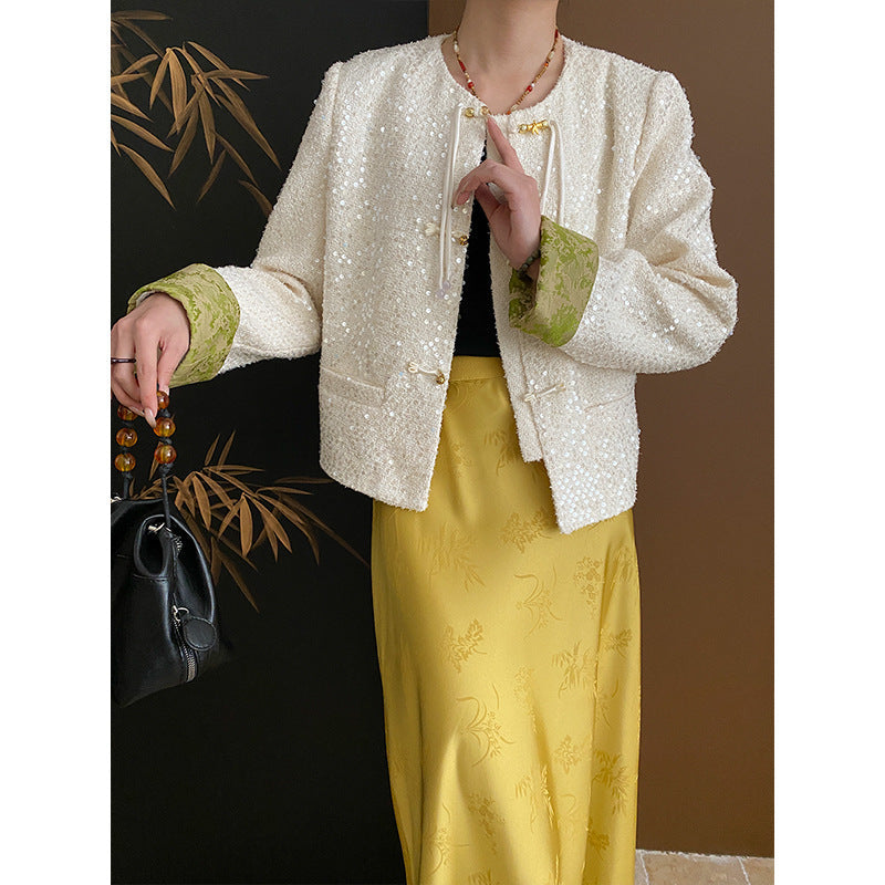 Damen Bouclé-Jacke mit Pailletten und Kontrastärmeln Eveloria - Eveloria