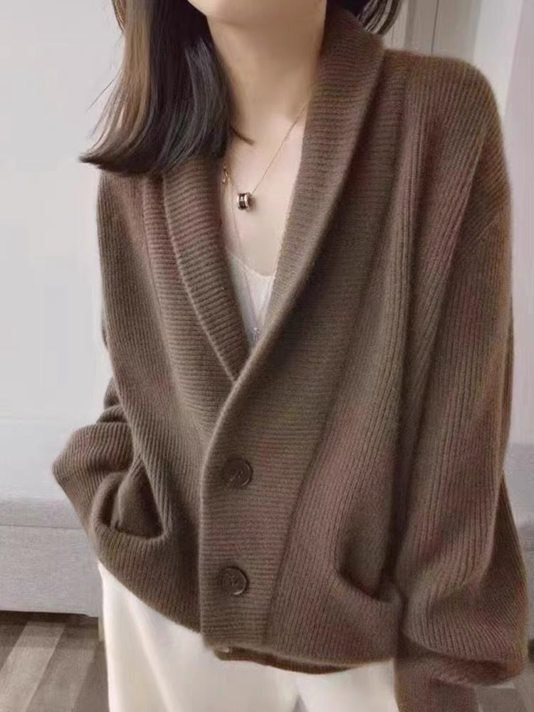 Damen Grobstrickcardigan Klassisch Revers Beige