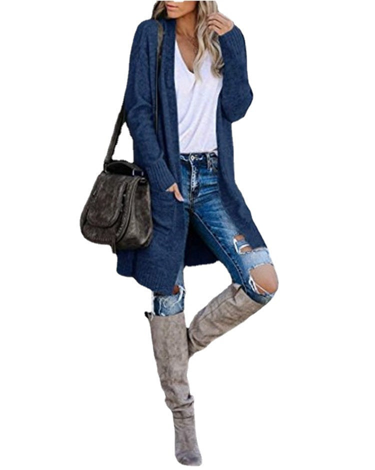 Damen Grobstrick Cardigan Lässig Mit Taschen Beige